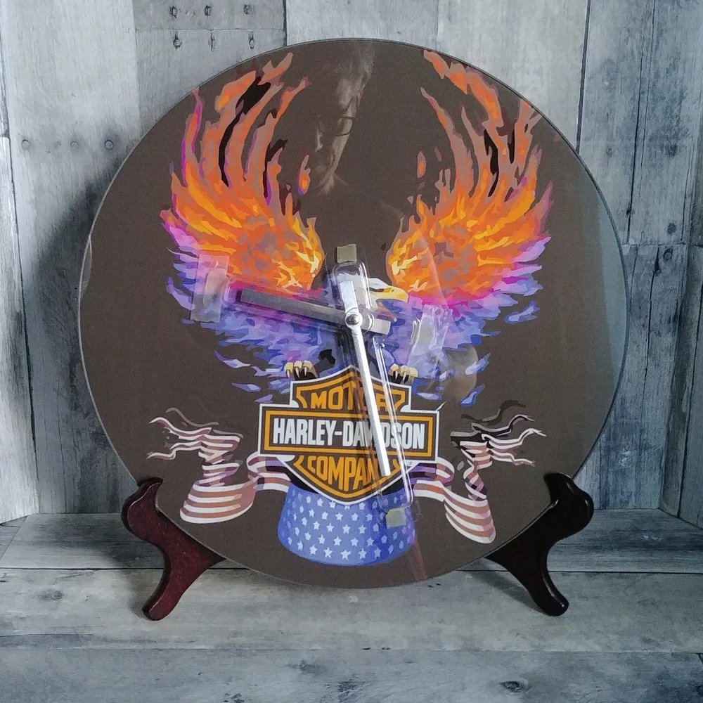 Harley Davidson Flaming Wings American Banner Glass Wall Clock VERY RARE